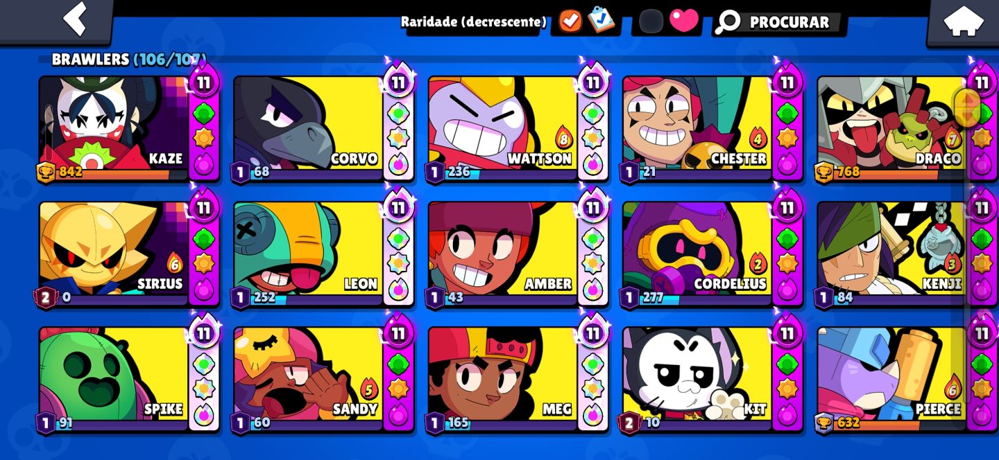 Conta profissional Brawl stars com todos os brawlers poder 11 e 100k de troféus.
