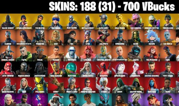 188 Skins - Black Knight, The Reaper, Floss, Neo Versa, Gold Midas, 700 vbucks