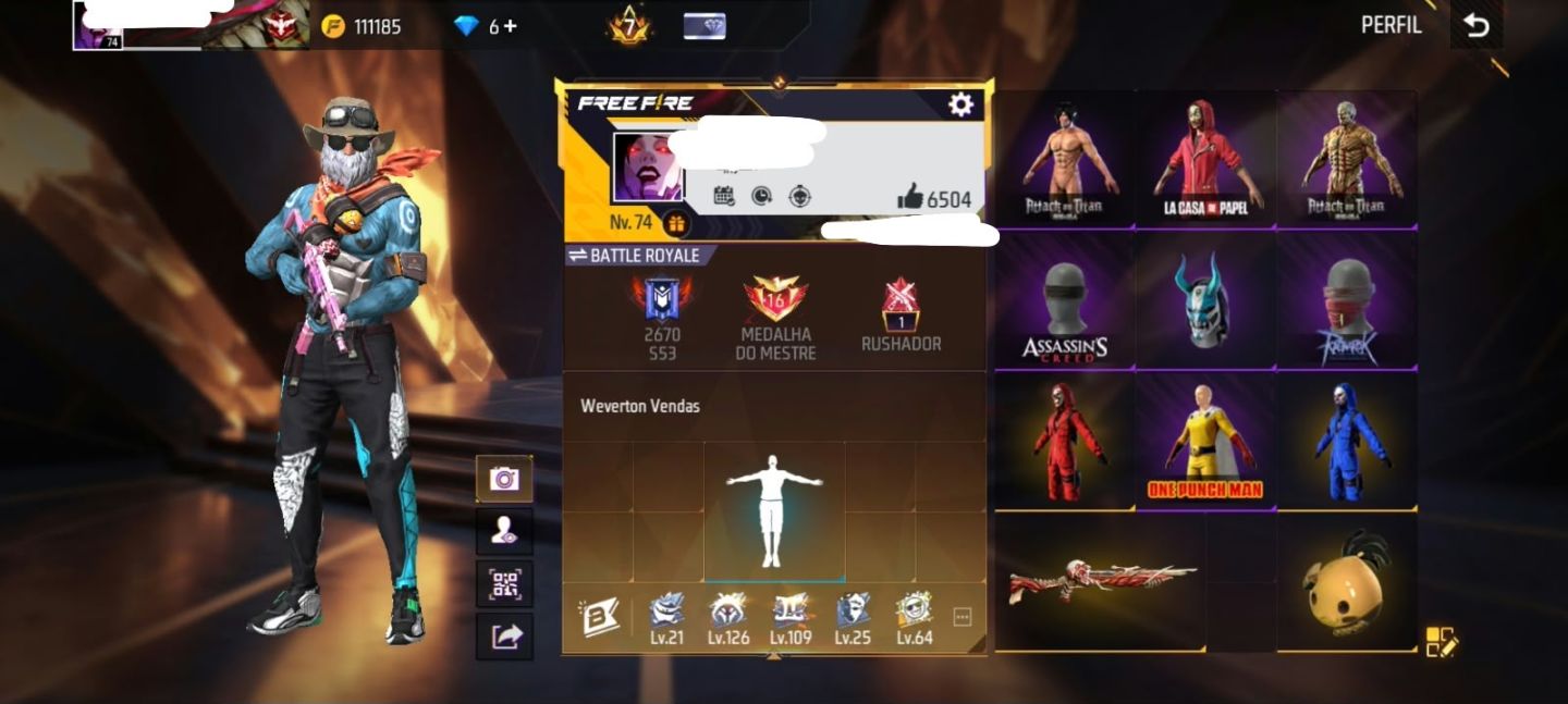 Conta Free Fire - PRIME 8 + RAGNAROK +600 Peitas (Recuperação ativa)