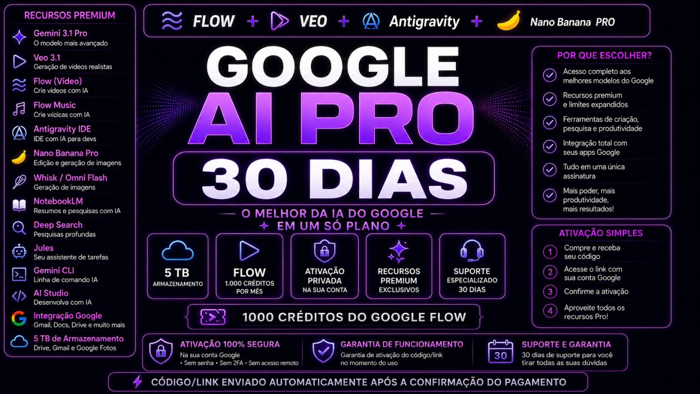 Google AI Pro 30 Dias | Gemini + Flow + Veo + 5 TB | Ativação Privada