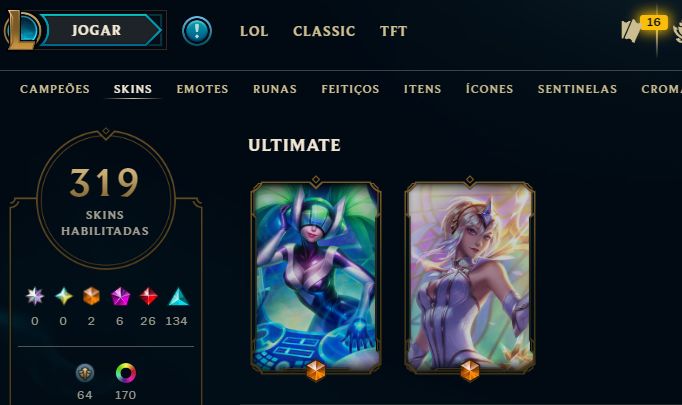 Conta LoL Esmeralda full champs, nível 632, 319 skins, 2 ultimate, 6 míticas