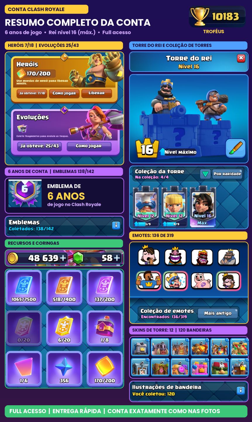 CLASH ROYALE 6 ANOS | 25 EVOLUÇÕES + 7 HERÓIS | 10.183 TROFÉUS