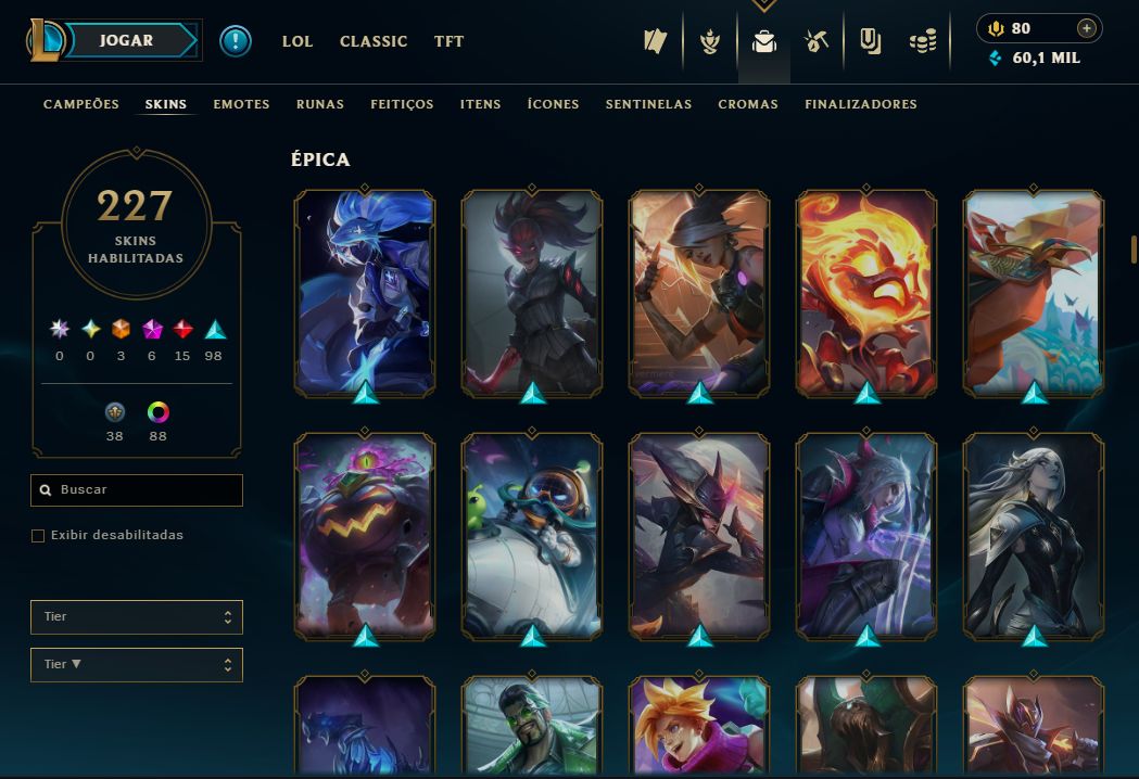 Conta LOL mmr mestre (caiu pra d1 por inatividade) lvl 429, 227 skins