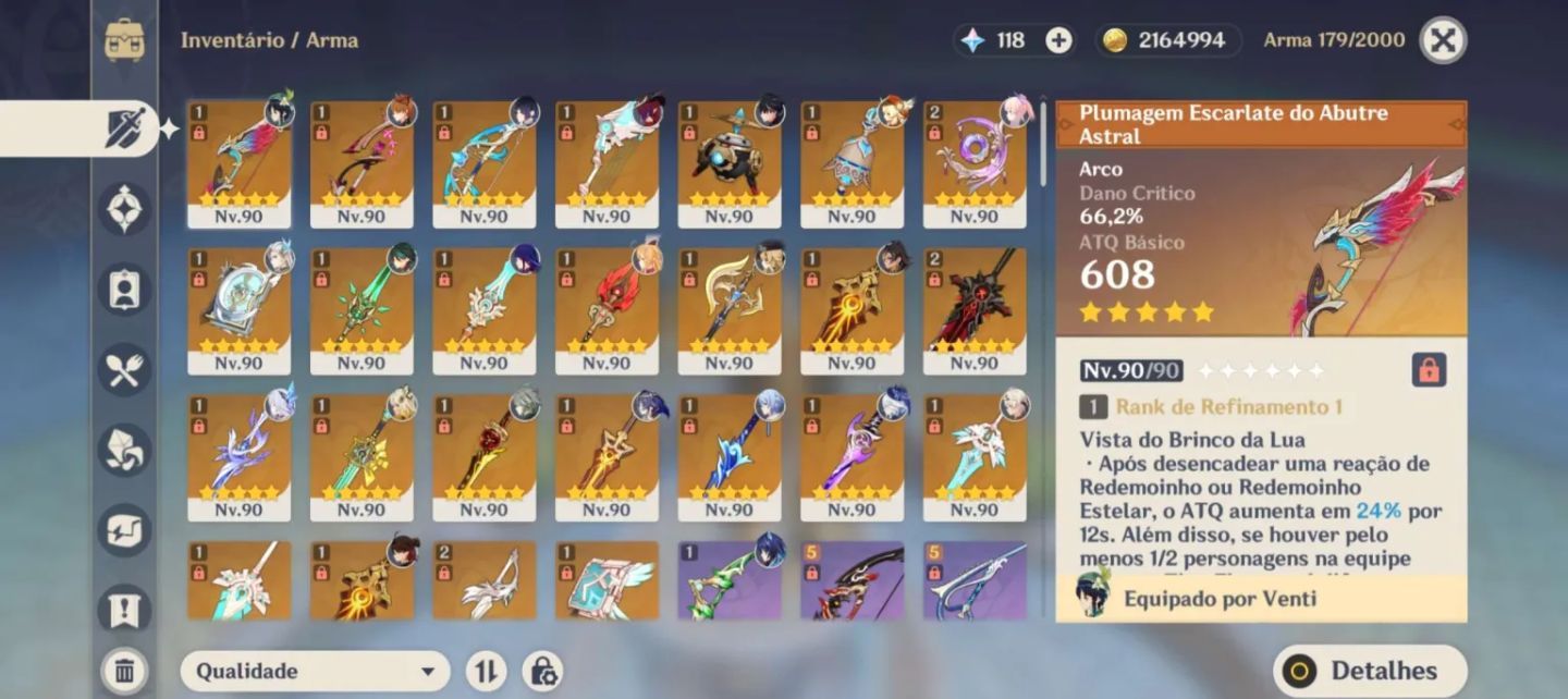Conta end game wesley c4r1 venti c2r1 vários personagens Cons e armas