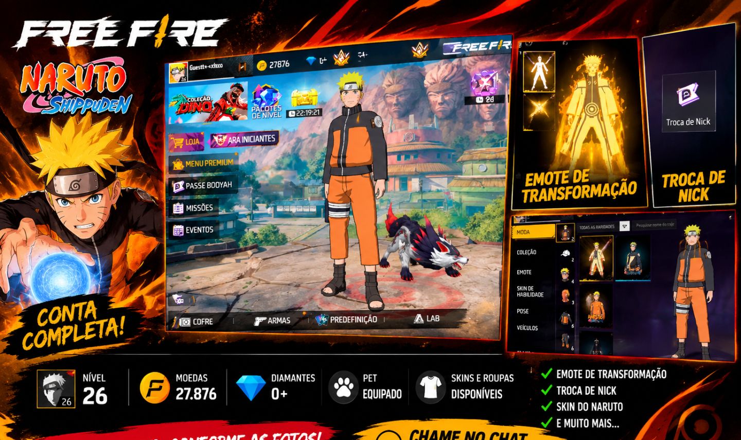 Free Fire Naruto + Emote de Transformação + Troca de Nick | Nível 26