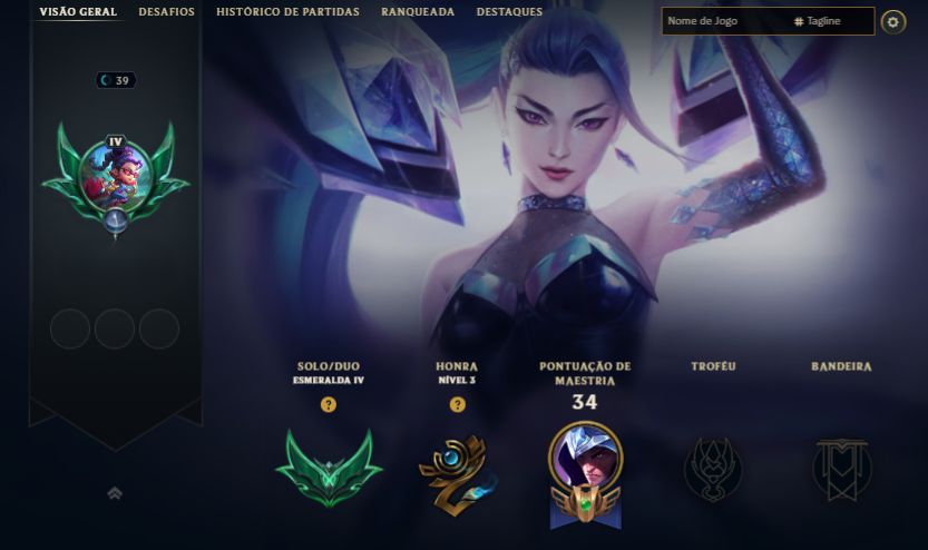 CONTA ESMERALDA 4 / +30 - 10 PDL / 9 SKINS / KAISA KDA / PROJETO SENNA / 14K EA