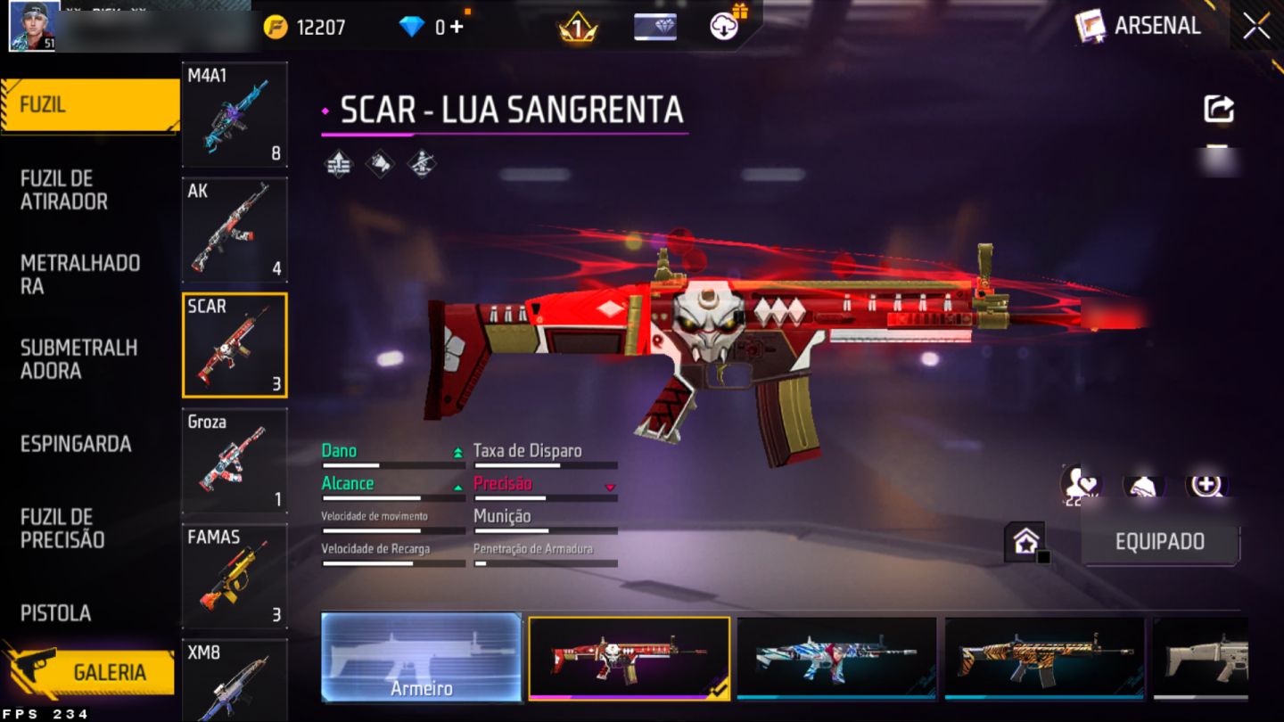 Conta Free Fire nível 51, várias skins de armas, paredes de gel e diversos itens