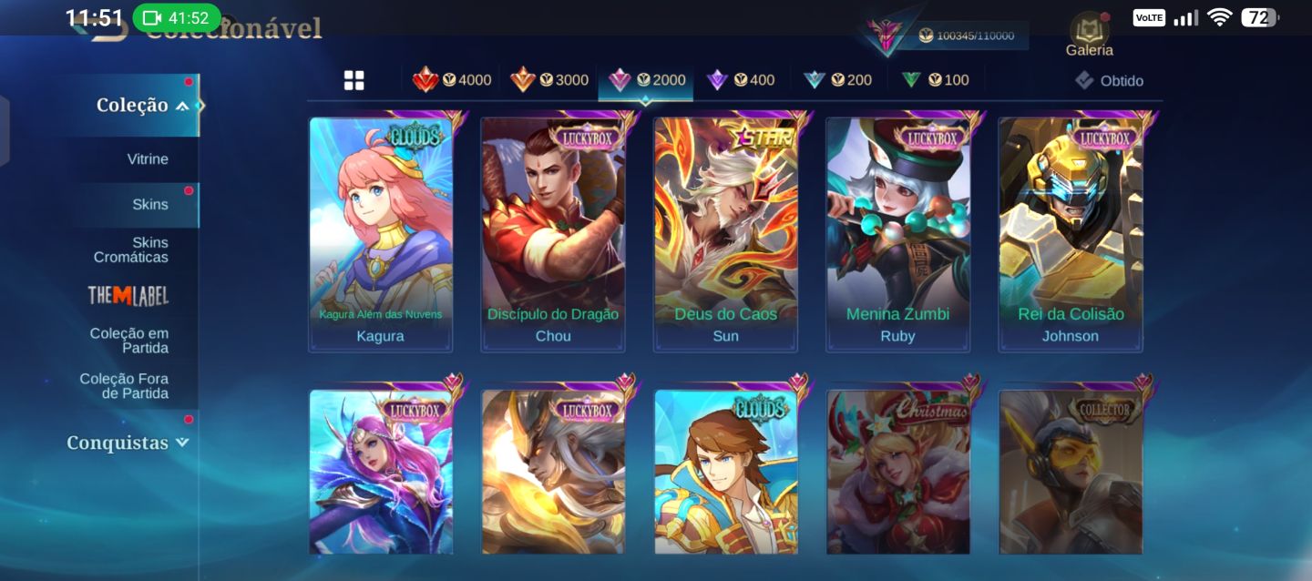 Conta Mlbb 279 skins, 5 skins kof 1 legend
