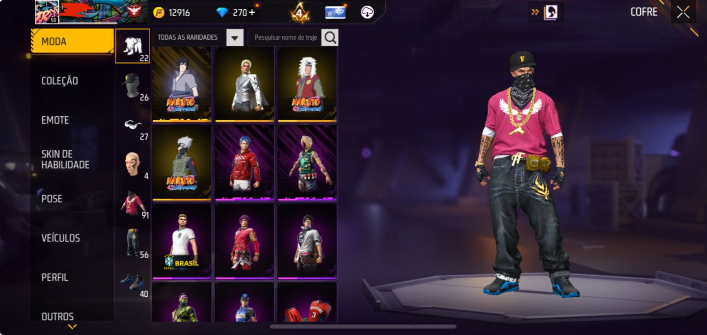 CONTA DE FF ANTIGA - 2 PASSE HIP-HOP + SKINS DE NARUTO + 90+ PEITORAIS!