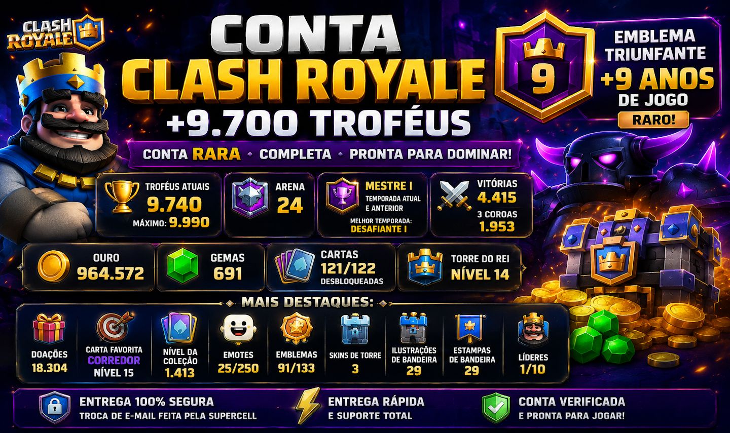 CONTA CLASH ROYALE, +9500 TROFÈUS, CONTA RARA E BARATA, PROMOÇÂO, ENTREGA RAPIDA