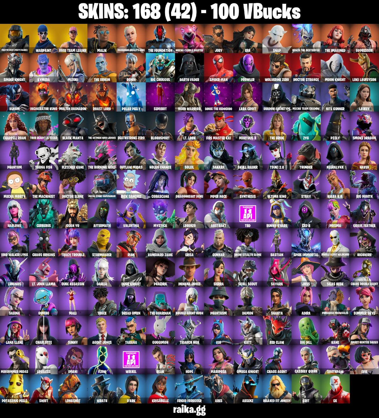 168 Skins, OGSTW (Farm Vbucks), Master chief (mattle black), Lara croft, Loki