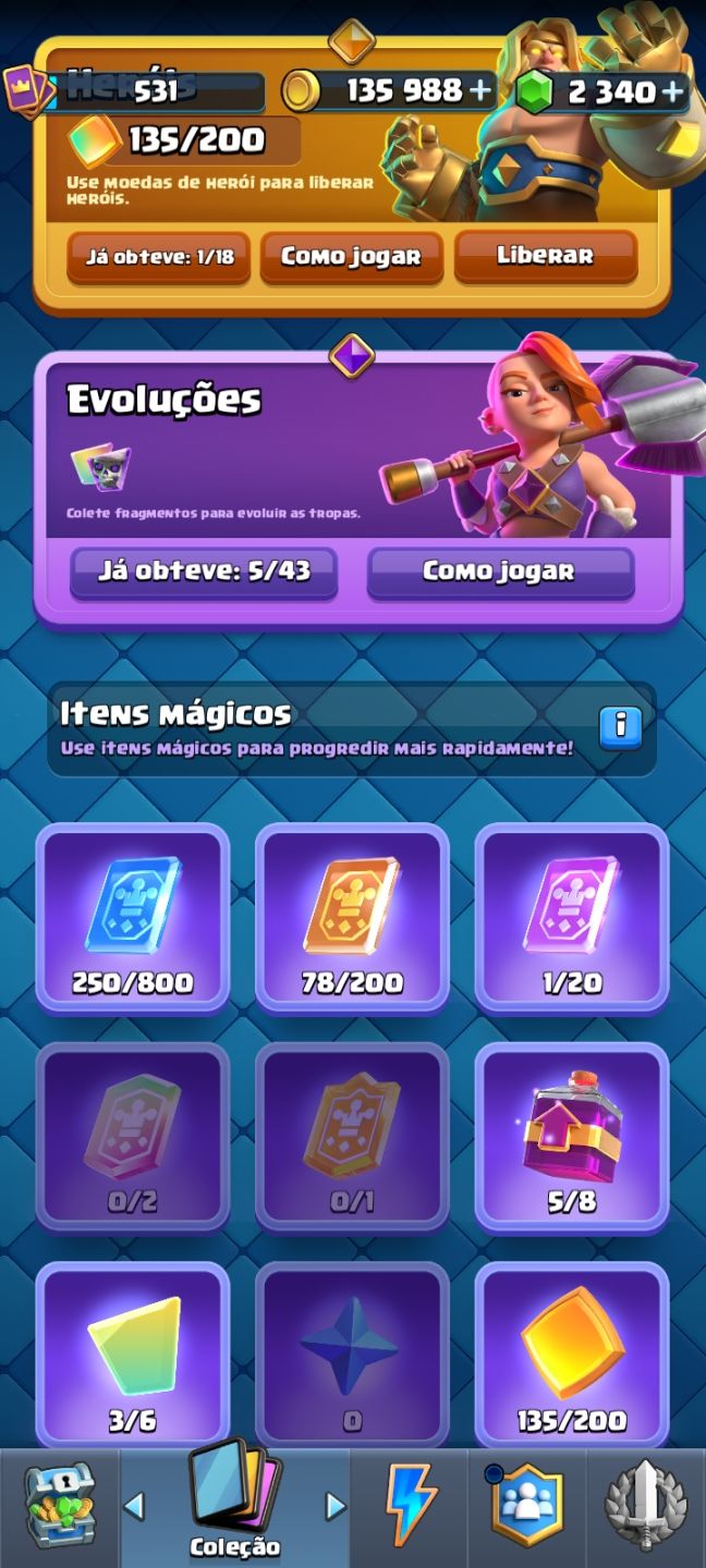 Conta iniciante de clash royale com 5 evoluções uma sendo mago