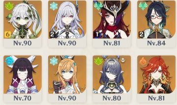 NAHIDA C6 + BIS, SKIRK C2, XYANYUN C2, CHASCA C1, ESCOFFIER, FURINA E +