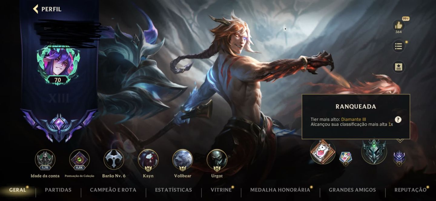 Conta wild rift com skin de passes, skin lendaria e miito mais