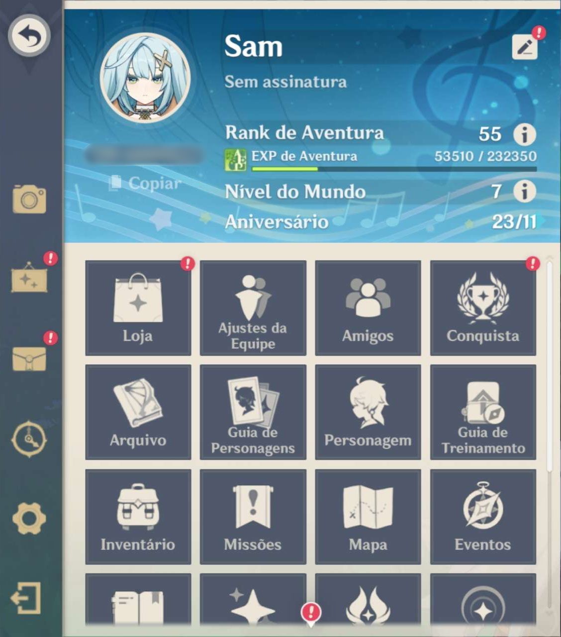 Conta de Genshin Impact, criada em 2021, rank 55