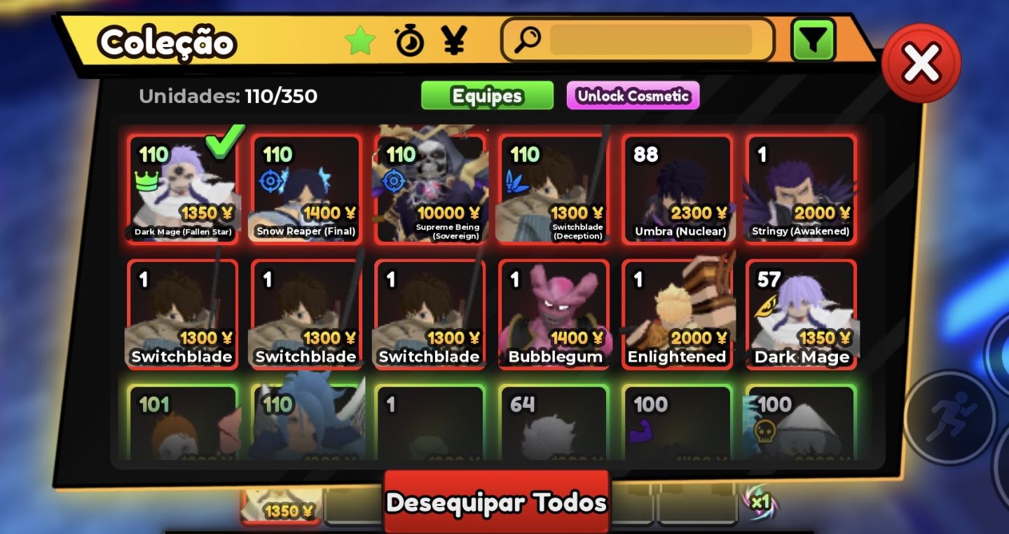 Conta upada no anime adventures, com unidade unique com sss em dmg e sss em spa