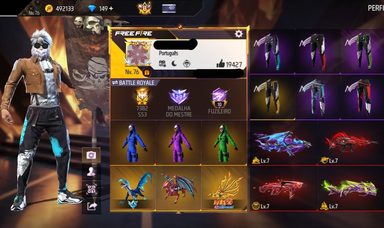 Conta Free Fire Gemada com 7 Angelicais, 10 Evolutivas, Prime 8, 900+ Peitorais