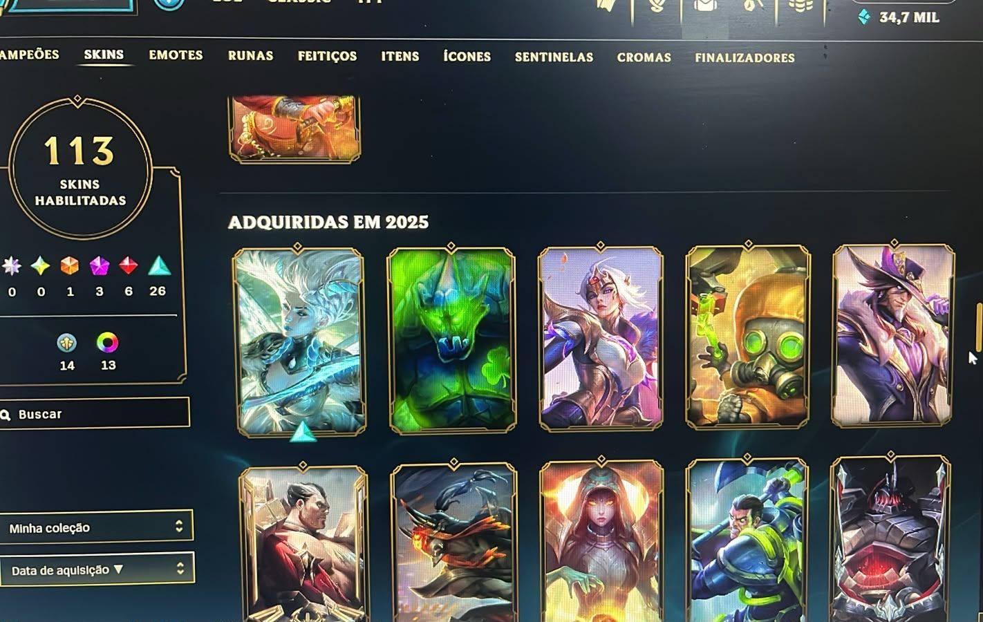 Conta no LoL, Esmeralda I, Todos os campeões, 113 skins, nivel 274.