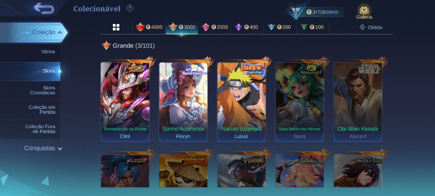 Conta mobile legends, skins de ventos e colab, quase 2k de diamante na conta