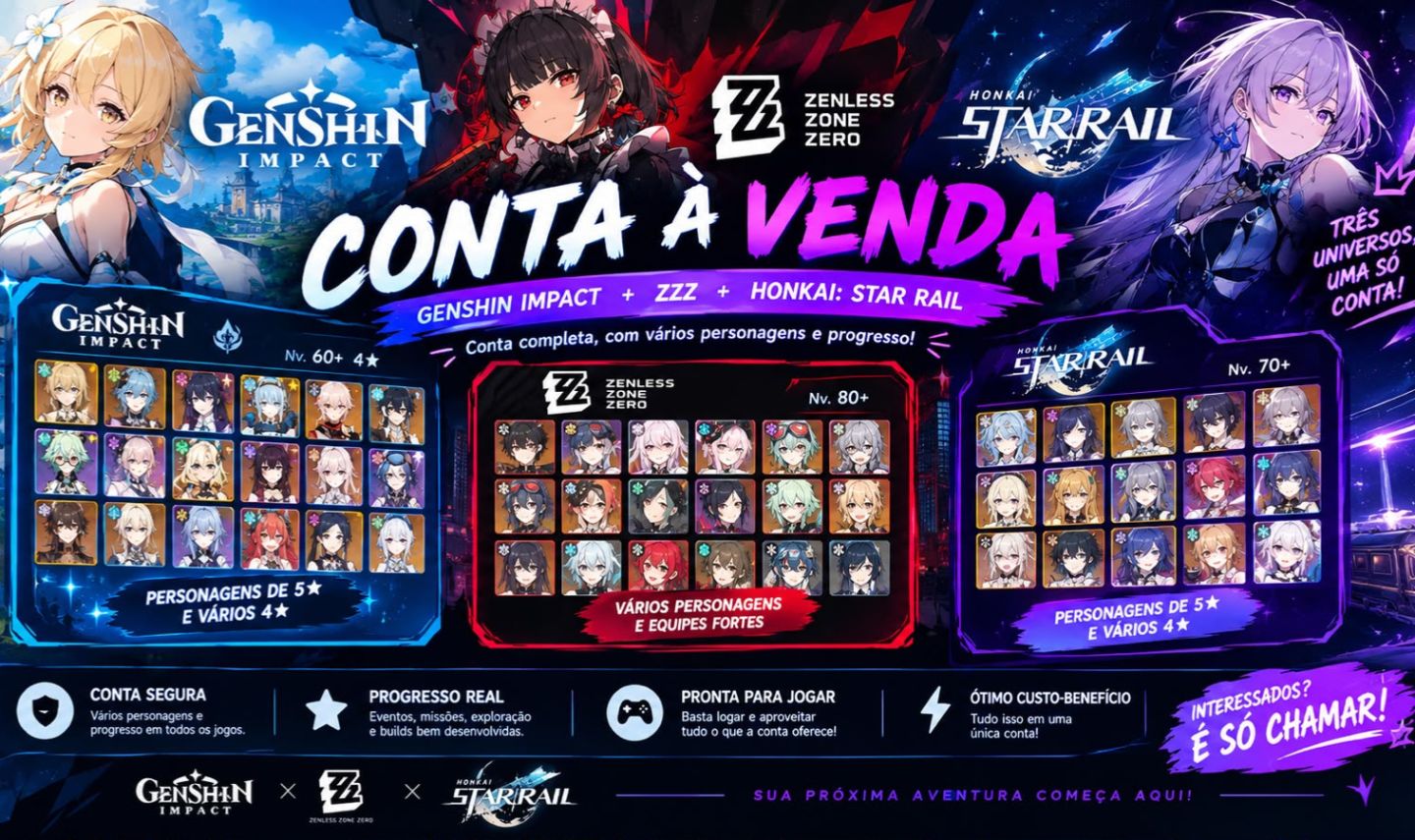 Conta Genshin Impact + ZZZ + Honkai (Flins com assinatura, bonecos meta, etc)