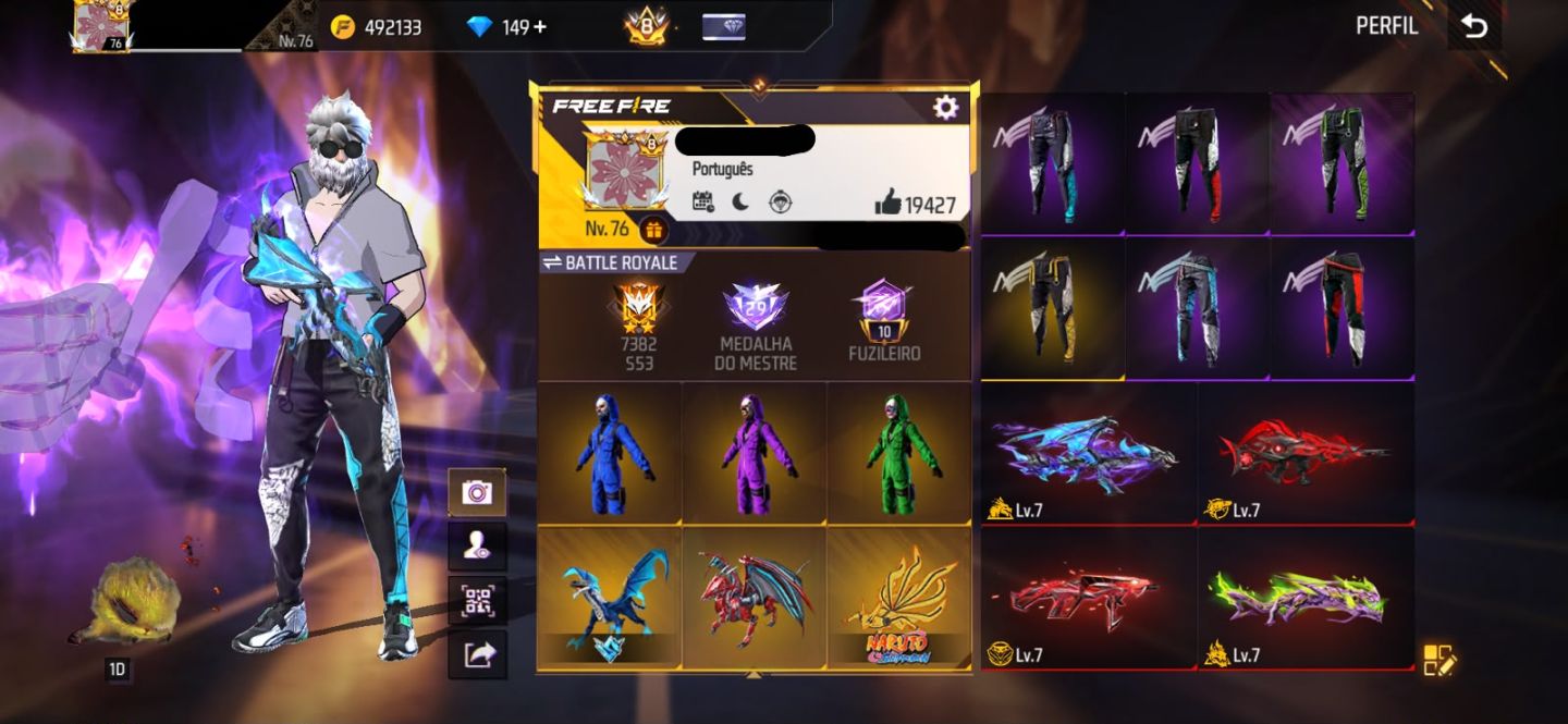 Conta Free Fire Gemada com 7 Angelicais, 10 Evolutivas, Prime 8, 900+ Peitorais