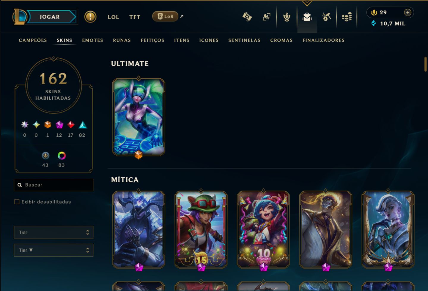 CONTA MONO YASUO - EX DIAMANTE - 1 ULTIMATE - 12 MÍTICAS - 162 SKINS NO TOTAL