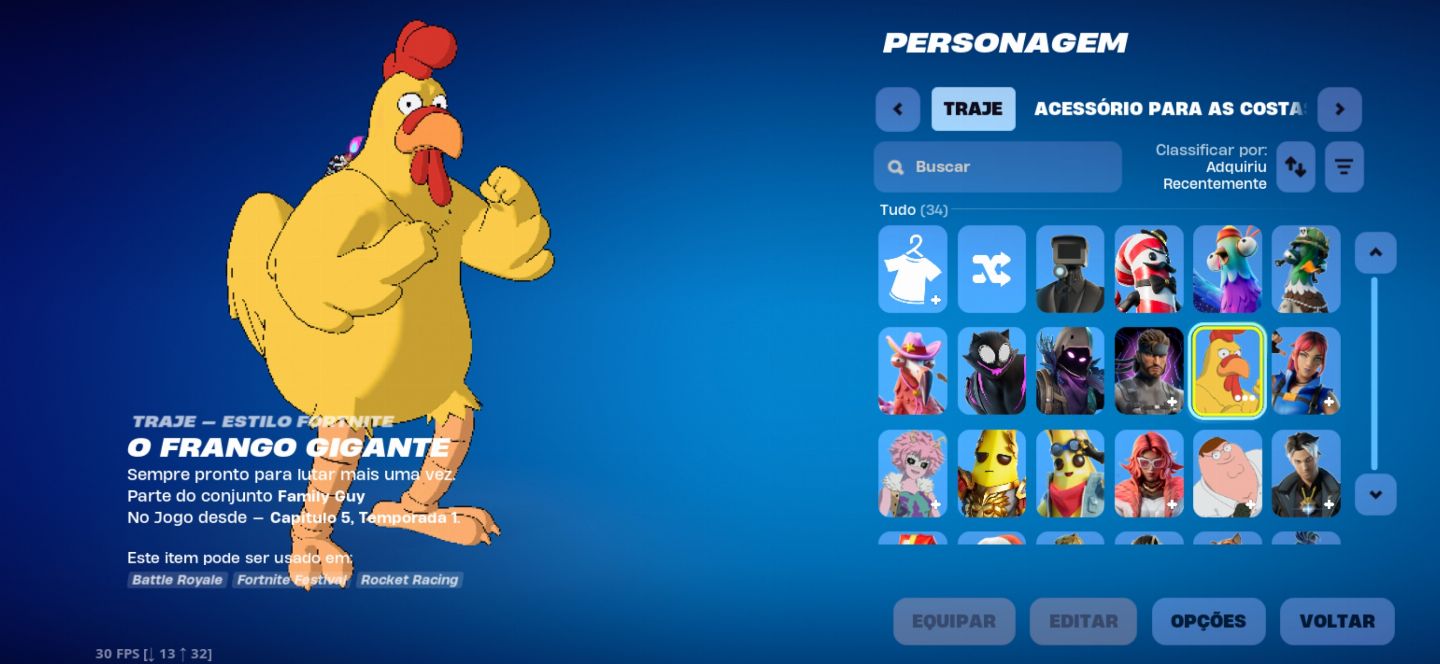 Conta antiga de Fortnite contendo diversas skins raras e itens exclusivos.