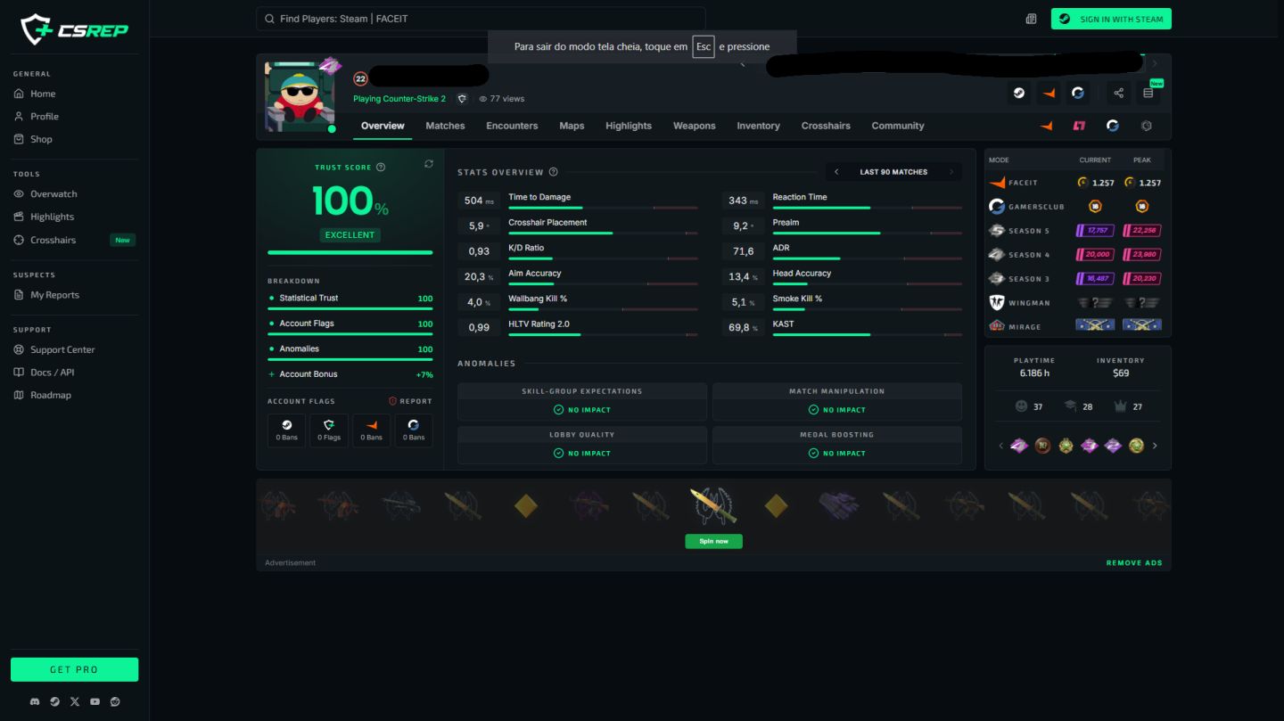 CONTA STEAM, CS2 (LVL 18 GC, 7 FACEIT 23K ESPECIAL SEASON 4) MEDALHAS E JOGOS