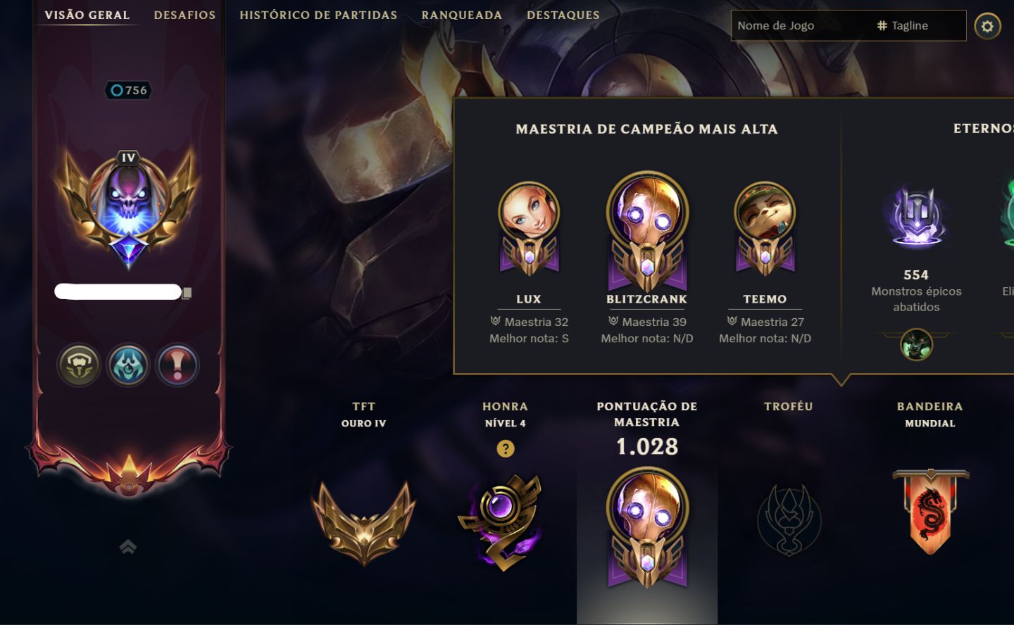 CONTA LEAGUE OF LEGENDS / 357 SKINS / LV 756 / BRONZE 4