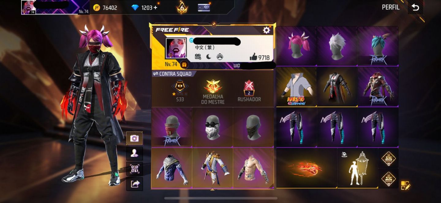 Conta free fire super gemada level 74 9700+ likes, ragnarok, punho, angelical