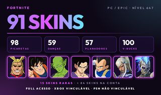 Conta Fortnite PC / Epic | 91 Skins com 15 Raras-Goku, Vegeta, Gohan, All Might
