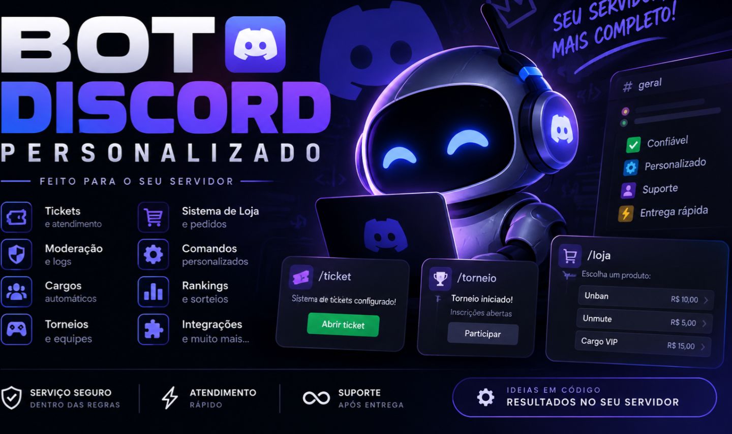Bot para Discord Personalizado | Tickets, Moderação, Logs e Sistemas