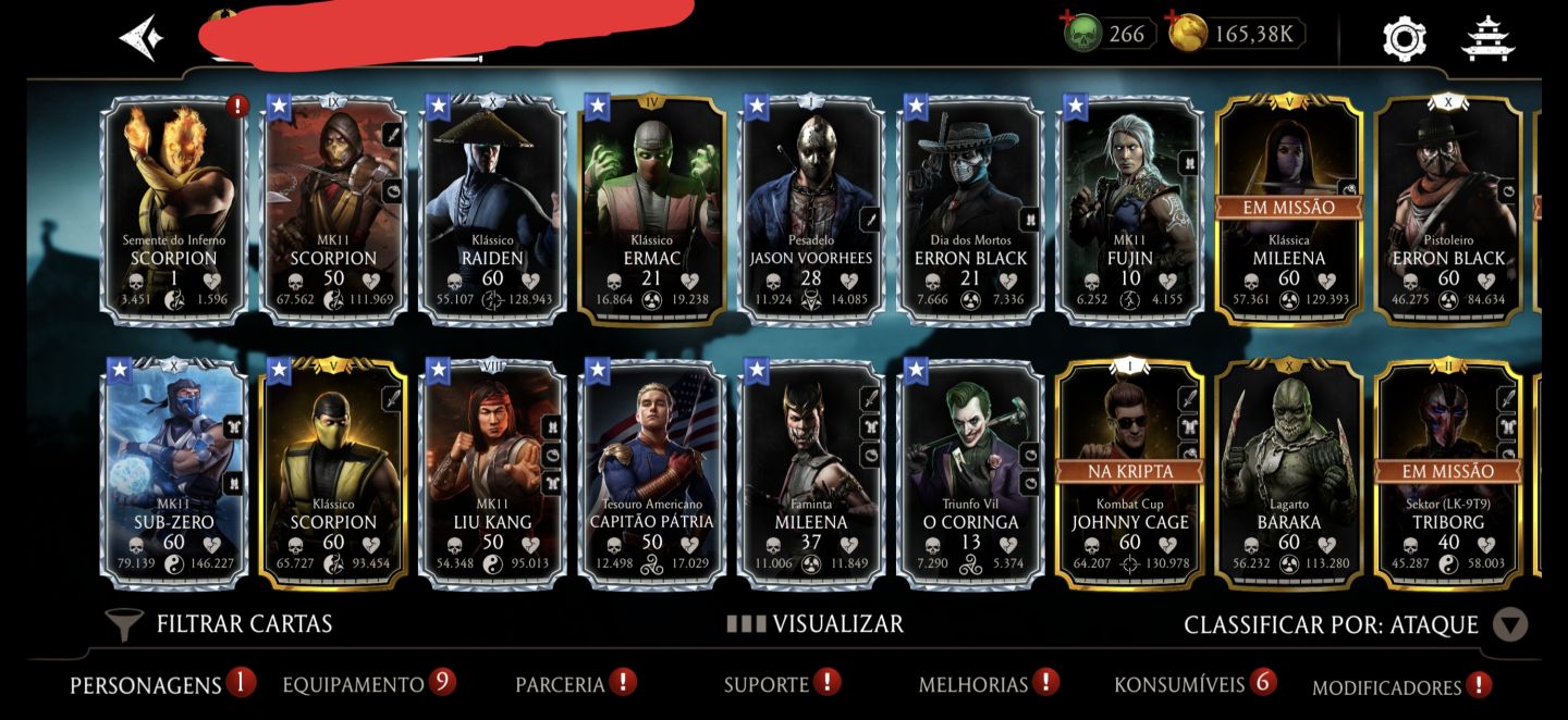Conta de mortal Kombat com vários diamantes no x e alguns épicos fusão alta