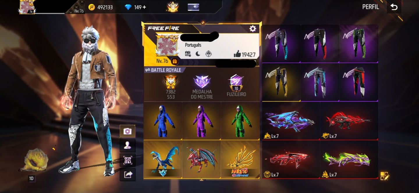 Conta Free Fire Gemada com 7 Angelicais, 10 Evolutivas, Prime 8, 900+ Peitorais