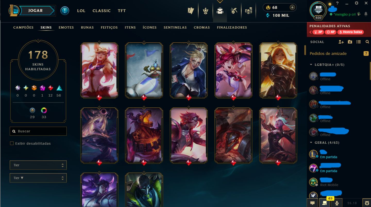 Conta LoL Ouro IV | Full champs | 178 Skins | Nível 400 | Full acesso