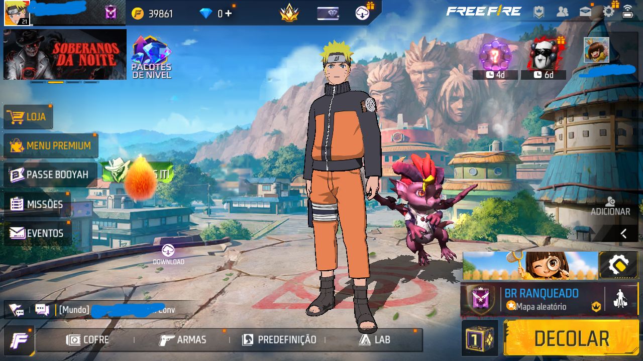 CONTA FREE FIRE DIAMANTE 4 MODO RANK COM SKIN NARUTO E TROCA DE NICK