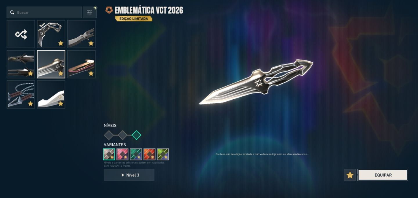 CONTA DE VALORANT COM PACOTE CHAMPIONS 2026, 3 FACAS VCT, E MUITAS OUTRAS SKINS