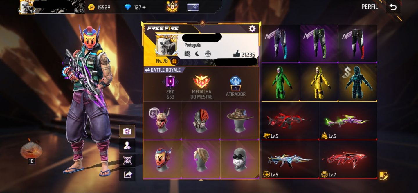 Conta free fire gemada com primeiro terceiro setimo passe 970 peitorais prime 8