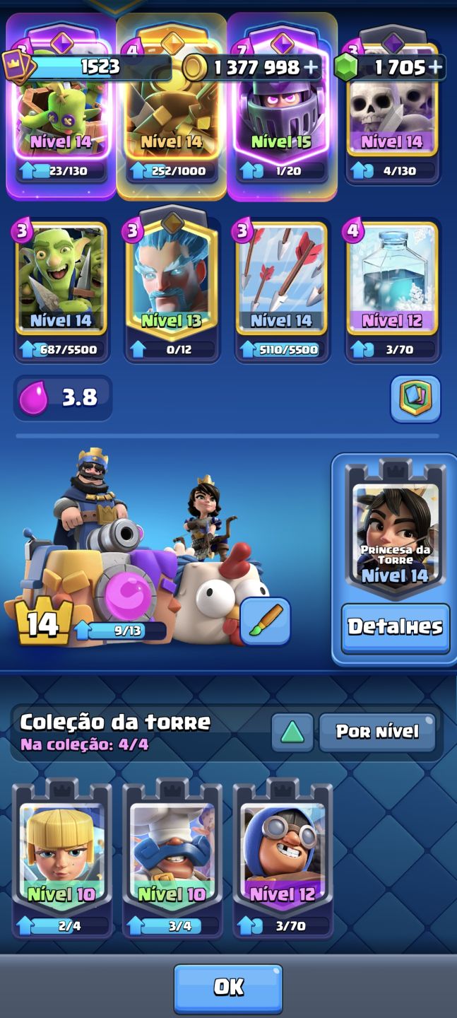 Conta Clash Royale com 1000 mil troféu, 1 milhão e 300 de ouro, 1400 gema e etc