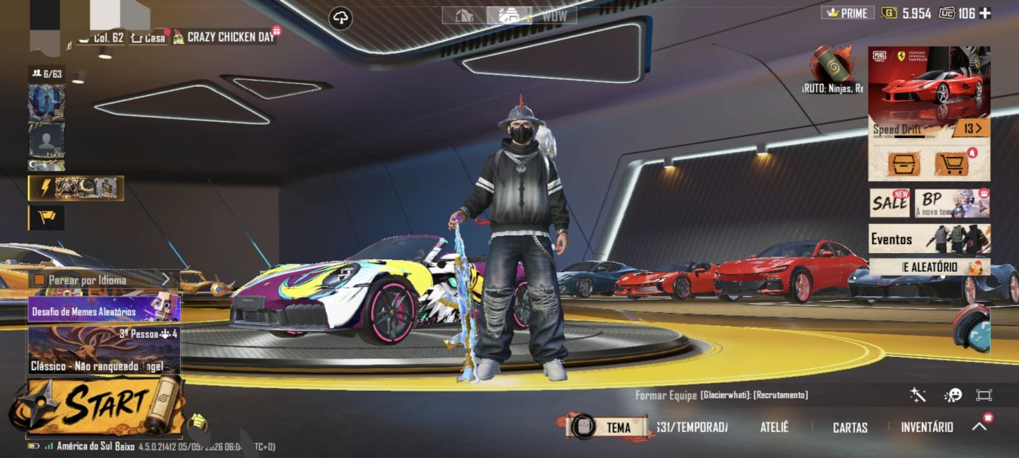 Conta PUBG Mobile Nv. 65 com 4 Colaborações de Carros Ferrari, Porsche, Lotus...