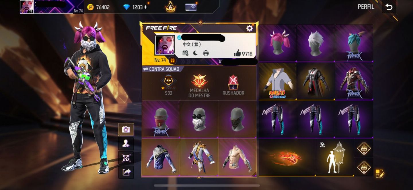 Conta free fire super gemada level 74 9700+ likes, ragnarok, punho, angelical