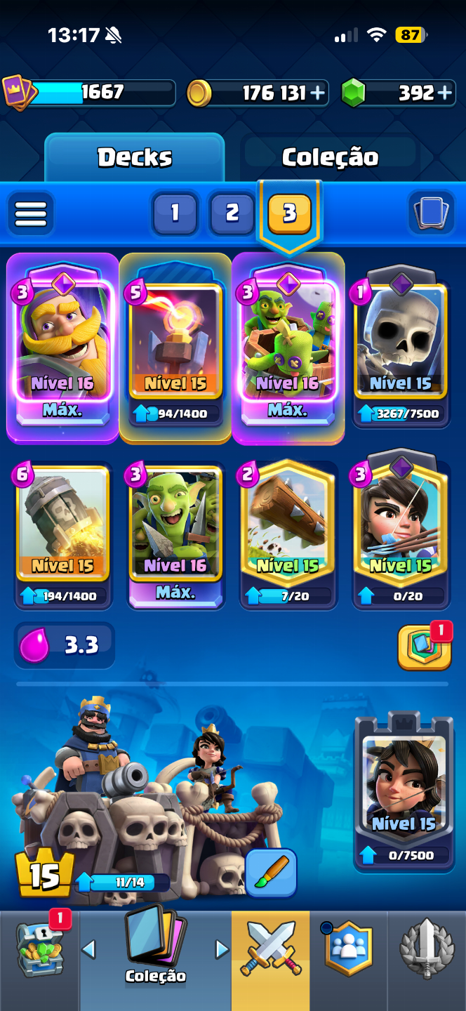 CONTA CLASH ROYALE LEVEL 15 - 10529 TROFEUS - DECK LOGBAIT MAXIMIZADO LEVEL 16