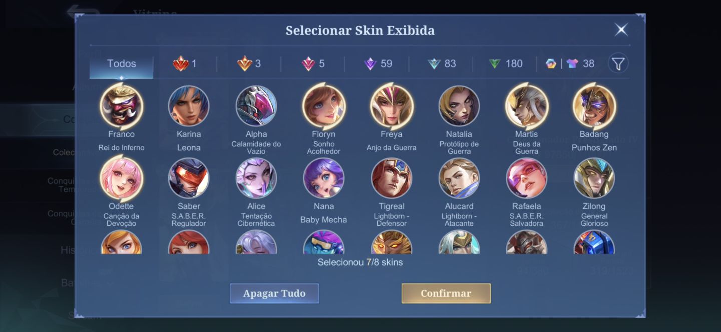 CONTA MOBILE LEGENDS/ SKINS RARAS