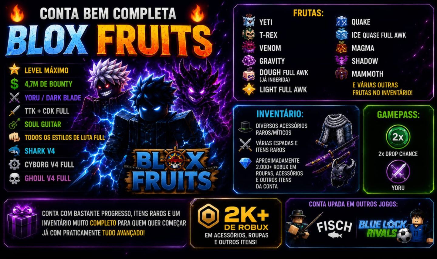 CONTA BLOX FRUITS/ROBLOX RARA LVL MAX YORU GAMEPASSES E MUTO MAIS