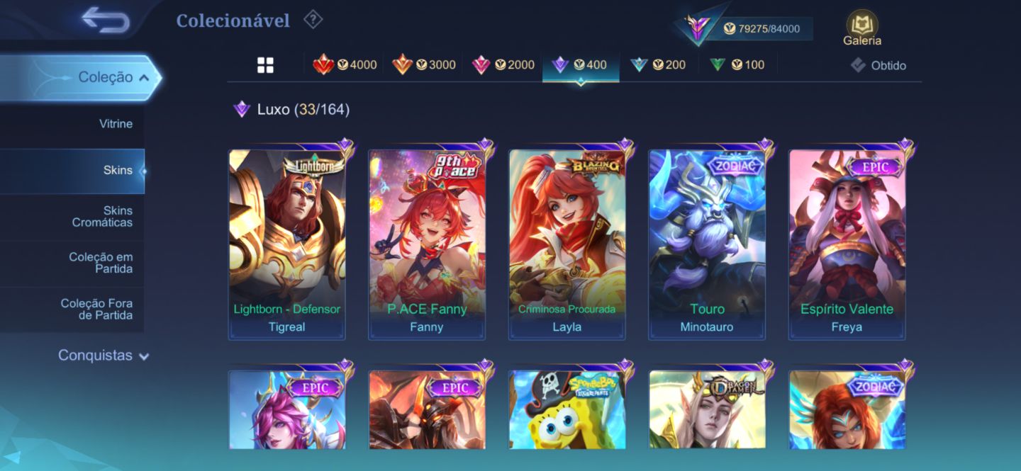 Conta Mobile Legends Alto Investimento passe e star ativos Skins Premium