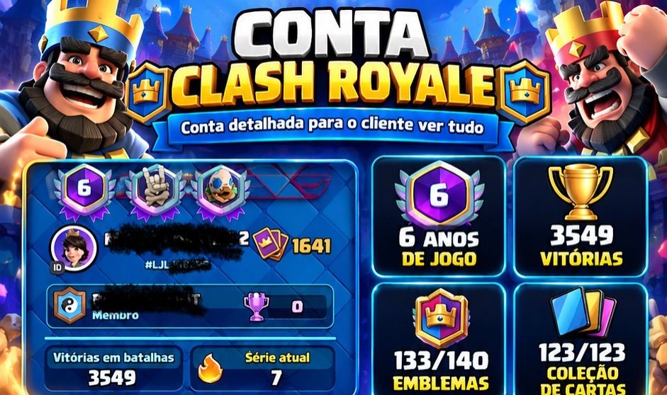 CONTA CLASH ROYALE!!! ( 6 ANOS )FULL CARTAS + FULL TORRE / NVLMAX +2000 GEMAS