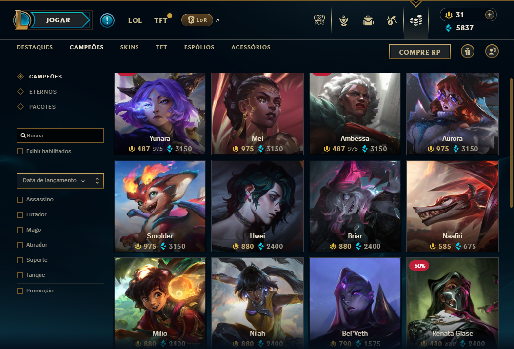 Conta LOL sem jogar rank desde 2020. Várias skins e campeões habilitados