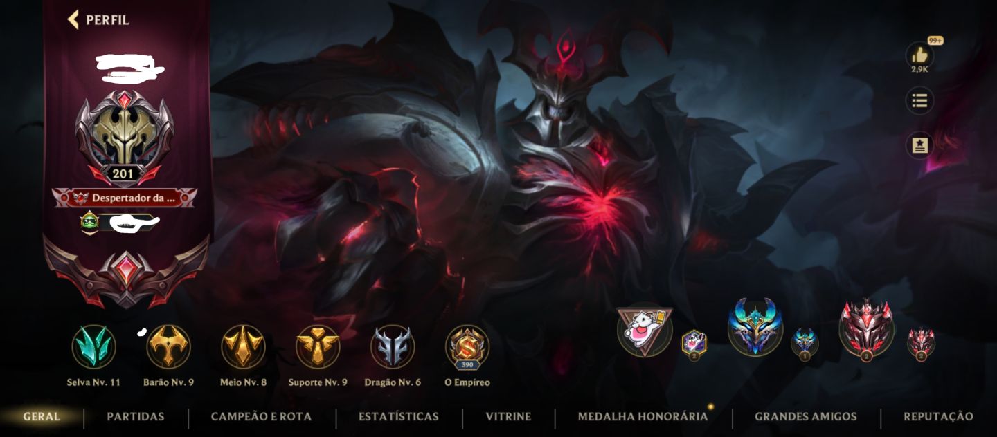 Conta temporada 1 - Elo GM - Nível 201- 73 skins - 129 campeões
