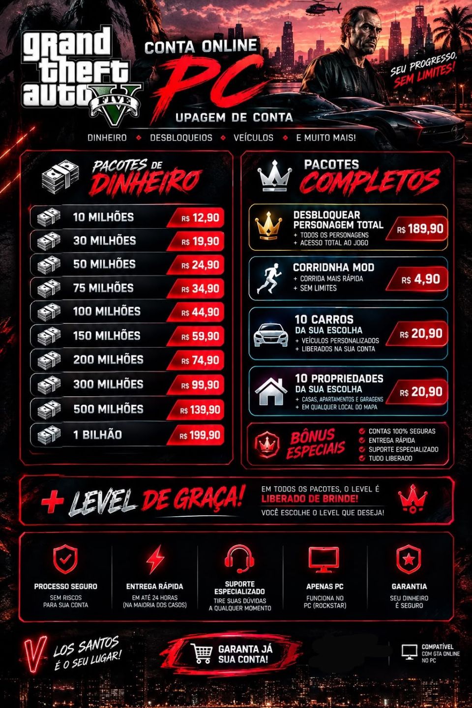 GTA ONLINE PC | UPAGEM DE DINHEIRO + LEVEL | 10M A 1B | SERVIÇO PERSONALIZADO
