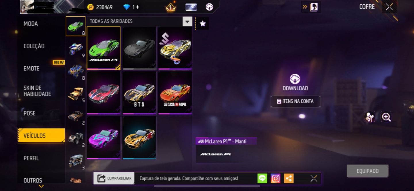 Conta Free fire level +70 com punho e naruto e tudo mais!!